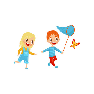 可爱的男孩和女孩.活跃的夏季娱乐活动.户外活动.平面矢量设计照片