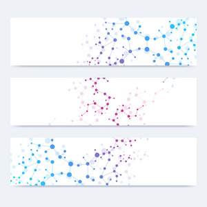 现代向量横幅的科学设置。Dna 分子的结构与连接的线和点。科学向量背景。医疗 技术，化学设计