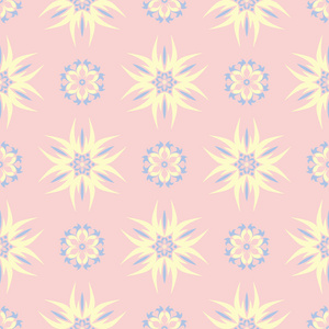 花卉无缝背景。粉红色, 蓝色和黄色花图案壁纸, 纺织品和织物