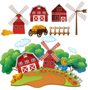 房子-儿童插画前狼卡通搞笑的一幕白色的农场房子卡通景观与森林木材