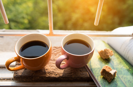 在窗口上，早晨用美丽的大自然杯咖啡