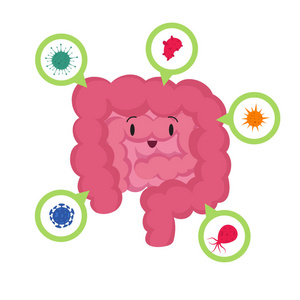 肠镜报告卡通快乐人肠与良好显微细菌医用益生菌载体概念照片