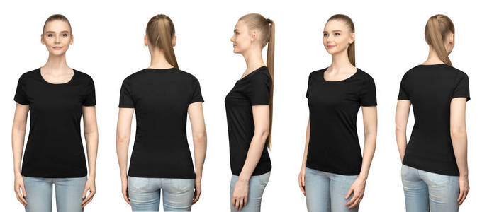 在空白黑色 t恤中设置促销姿势女孩打印和概念模板的原型设计在 t恤正面和半转动边后面视图的年轻妇女与修剪路径隔离的白色背景