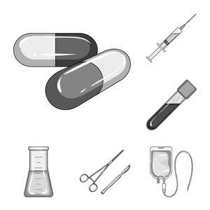 药物和治疗的单色图标集合中的设计。药品和设备矢量符号库存 web 插图