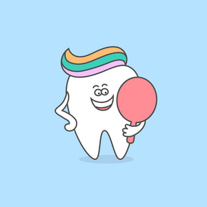 卡通牙齿与牙膏和镜子。健康的牙齿图标。牙科护理和卫生概念。儿童牙科用的可爱矢量插画