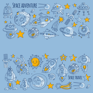 空间 卫星 月亮 星星 飞船 空间站空间手绘涂鸦图标和模式