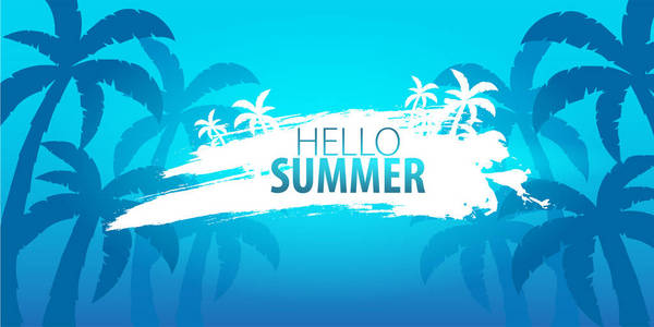夏季热带背景与棕榈和日落。夏季标语牌海报传单邀请卡。夏季时间。矢量插图