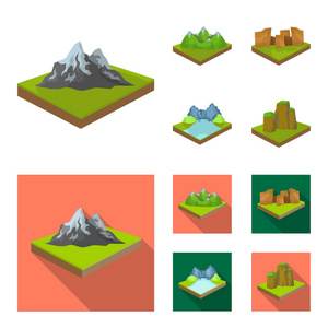 山, 岩石和风景。浮雕和山脉集合图标在卡通, 平面式等距矢量符号股票插画网站