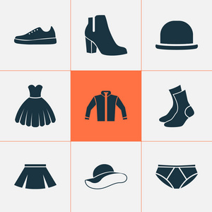 穿衣服的图标集。运动鞋 简报 巴拿马和其他元素的集合。此外包括符号，例如 Fedora 刑警 Sarafan