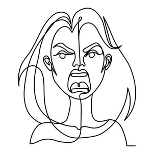 尖叫的女人一行艺术肖像。不愉快的女性面部表情。手绘线性女人剪影。矢量插图