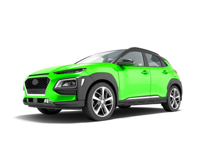 现代绿色汽车交叉在前面3d 渲染白色背景与阴影