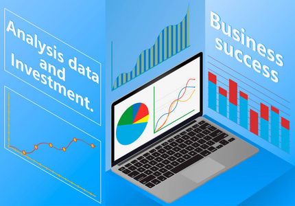 概念经营策略。3d 等距平面设计。分析数据和投资。业务成功。使用笔记本电脑和图表元素进行财务审查。矢量插图