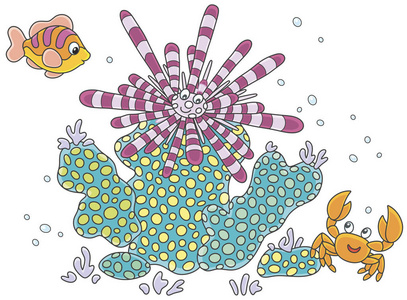 条纹长脊海胆, 一个有趣的小螃蟹和一个五颜六色的鱼在珊瑚, 矢量插画的卡通风格