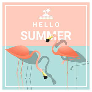 你好夏天背景与两个粉红色的火烈鸟 矢量 插图