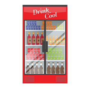 冷藏超市的陈列箱里装满了多杯饮料和饮料。演示样机设计的插图向量
