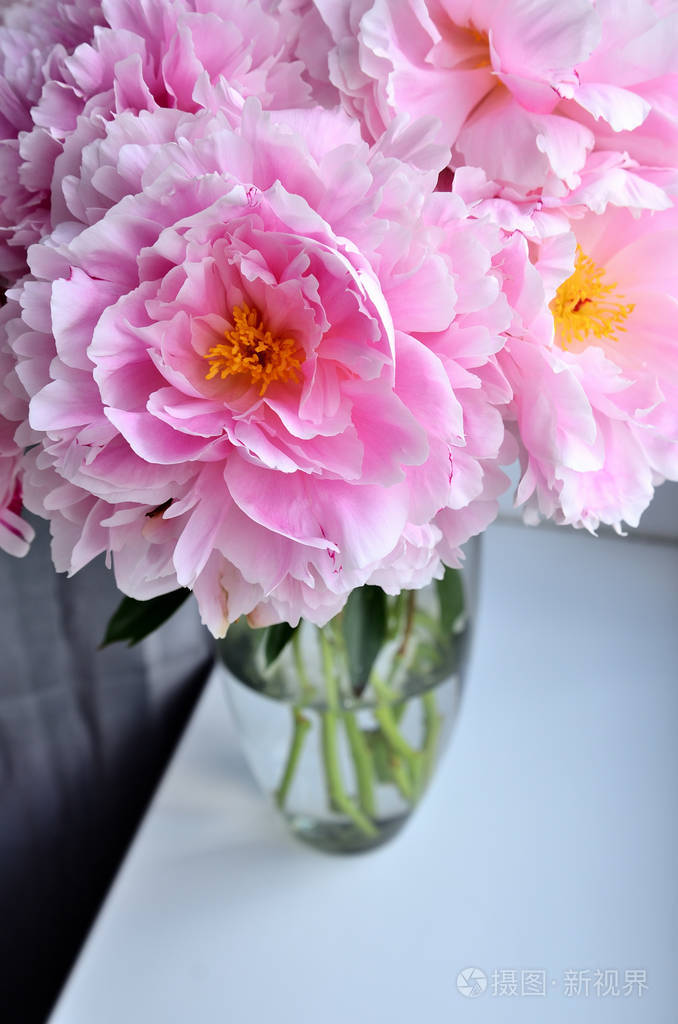 鲜花束的粉红牡丹牡丹花在花瓶上的白色窗口, 背景.白色的桌子.