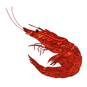 用民族涂鸦图案的七彩龙虾。Zentangle 启发的模式动物抗应激着色书页的成人和孩子