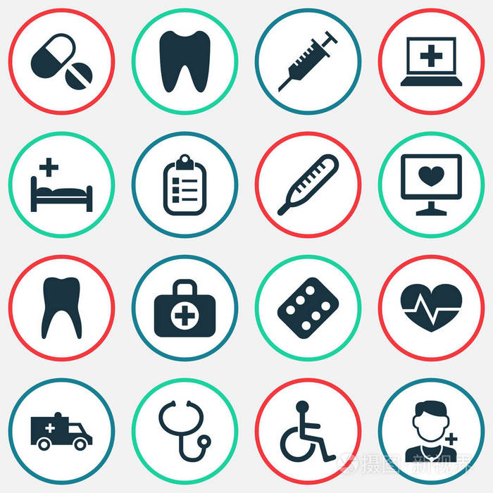 医学图标设置.审查, 诊断, 药片和其他元素的集合.
