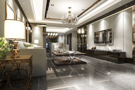 3d 渲染奢华和现代客厅和饭厅