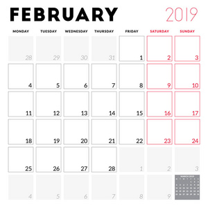 2019年2月日历规划师。星期从星期一开始。可打印矢量信纸设计模板