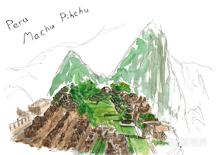 水彩素描手画马丘比丘秘鲁旅行孤立在白色背景上的艺术