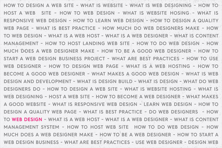 粉红网页设计关键词海报概念。Web 网络工作文本与突出显示粉红色的关键字。基于白色背景的互联网技术概念创新
