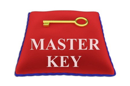 3d. 在红色天鹅绒枕头上的主密钥标题的插图附近的金钥匙, 孤立的白色
