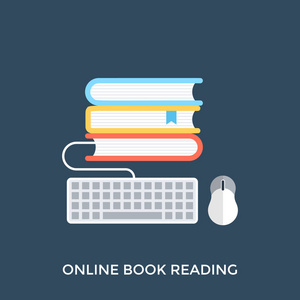 具有网络书籍和计算机的图标, 代表在线图书学习