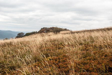 秋天 Bieszczady 山在波兰 Rozsypaniec 山附近与山草甸, 少量岩石和山在背景上