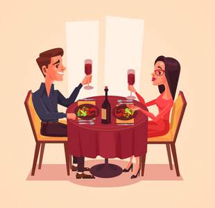 对幸福的夫妻恋人男人和女人字符和酒一起吃饭.矢量平面卡通插画照片