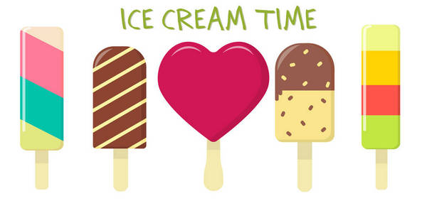 一组五不同的甜冰淇淋在背景与文本