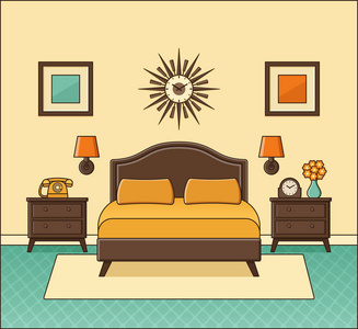 卧室内饰.向量.家居复古空间的平面设计.卡通屋设备.线性例证.