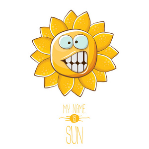 矢量时髦卡通风格的夏日太阳性格被隔绝在白色背景上。我的名字是太阳概念插图。时髦的孩子夏天字符以眼睛和嘴