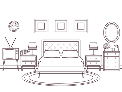 卧室内饰.带床的复古客房.向量.勾勒家居空间的线条艺术平面设计.