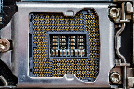 套接字处理器或 cpu，顶视图，宏观照片。电子计算机硬件