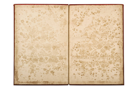 打开旧书在白色背景下隔离.带污渍的纸页照片