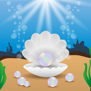 夏天.为您的设计水底珍珠母.封闭的贝壳在水下自发光.