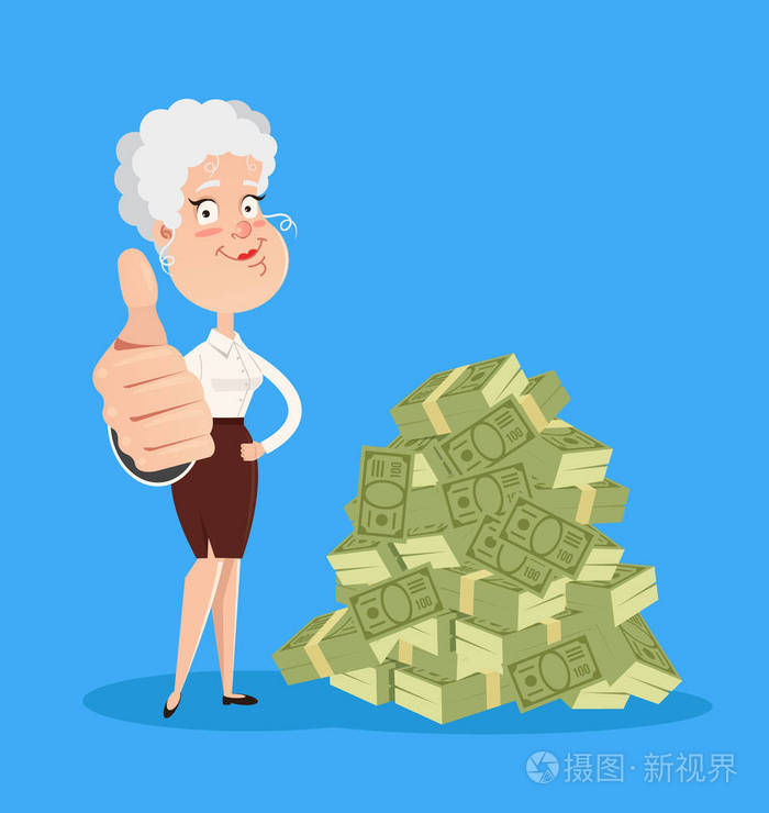 钱上的包里高级卡通老人和粉红色的存钱罐养老保险基金的概念高级女