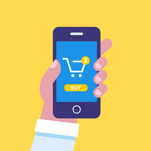 移动购物.人手用手机购买.平面矢量卡通插画照片