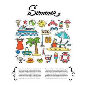 用一只手盖在白色背景上绘制彩色的符号的夏天。设置为主题的大海 沙滩 旅游 娱乐