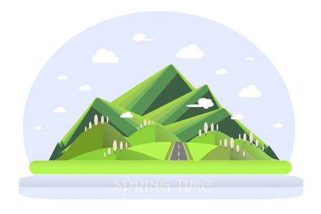 绿色的山丘,蓝色的天空,白白的云,绿色的树木,灰色公路.