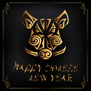 金猪或野猪的头被隔离在黑色背景.猪是中国2019新年的象征.矢量插图.