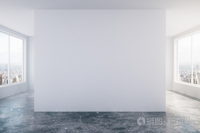 现代空阁楼房间与白墙, 混凝土地板和大 w