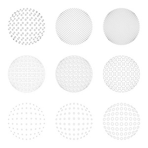 半色调圈子孤立在白色背景上的一套。半色调效果点模式的集合。球体的插图。抽象的商业标志。您设计的的圆矢量标志。孤立的黑色图标