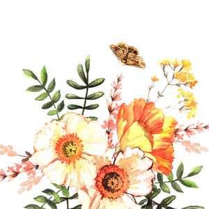 插图与娇嫩的花朵和蝴蝶
