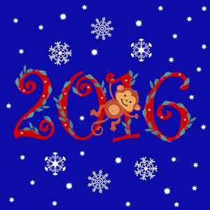 新的一年卡 2016 年与猴子