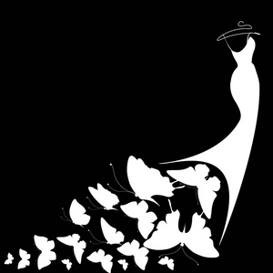 白色婚纱礼服与蝴蝶在黑色背景, 矢量, 插图