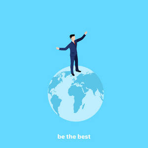 人在商业西装站立在地球上, 等距图像照片