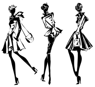 黑色和白色复古套，时尚模型轮廓素描风格。手工绘制的矢量图