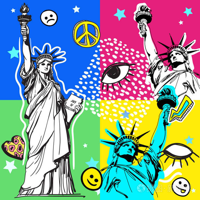 80s. 时尚, 80s 打印.孟菲斯设计元素和自由女神像, 美国.